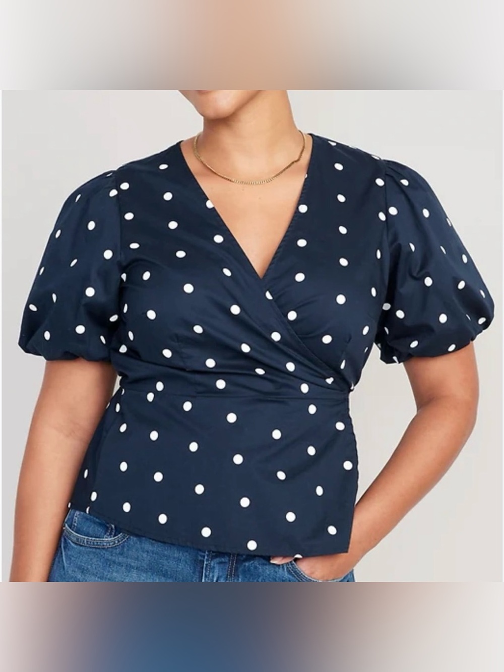 Old Navy Navy and White Polka Dot Wrap Puff-Sleeve Top